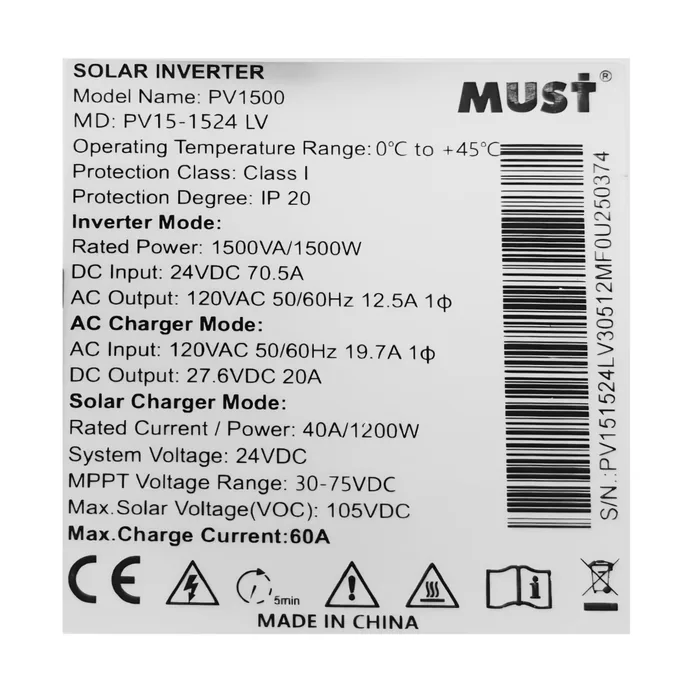 Inversor Híbrido Solar MUST 1.5KW 24V 40A | Salida 120VAC — vista 4
